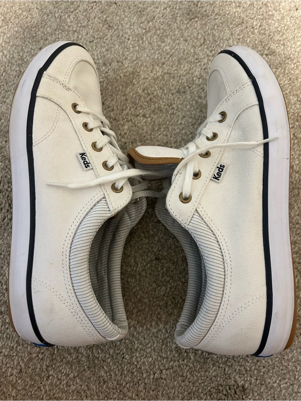 Keds White Canvas Center III Sneakers with Navy Trim and Tan Logo